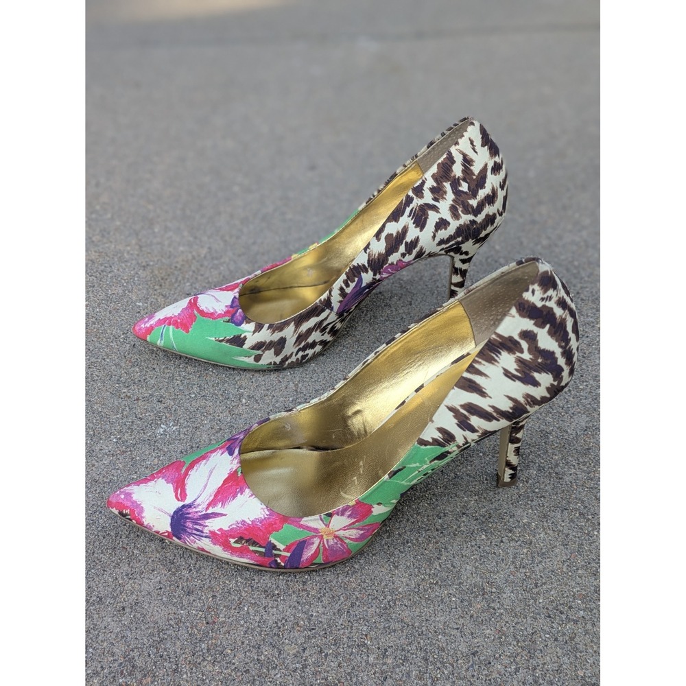 Nine West Flax Pumps Womens 7.5 M Floral Leopard Mixed Print Pointed Toe Heels